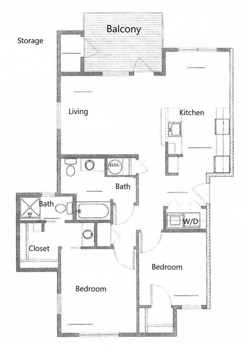 Floor plan for 2 beds, 2 baths, 1029 sqft